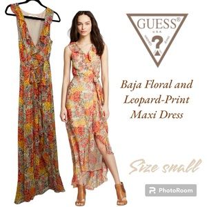 Guess Baja Floral and Leopard-Print asymmetrical Maxi wrap Dress EUC small